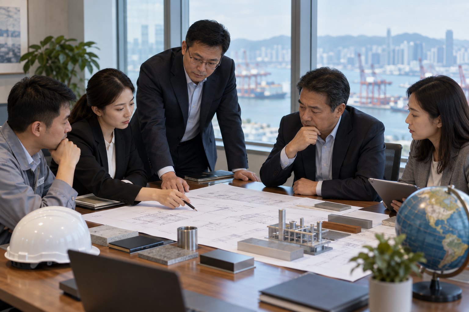 中国企业团队在会议室审阅海外项目图纸并进行风险评估