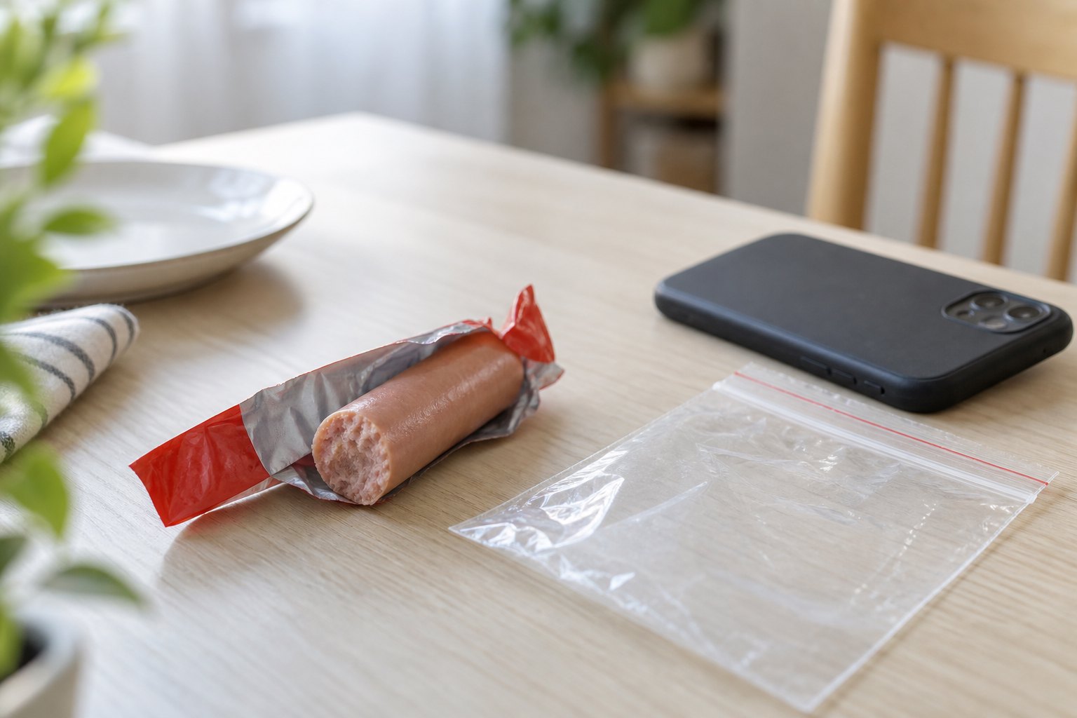 餐桌上放着已拆封的火腿肠、透明密封袋和手机,呈现发现食品异常后准备留证的场景