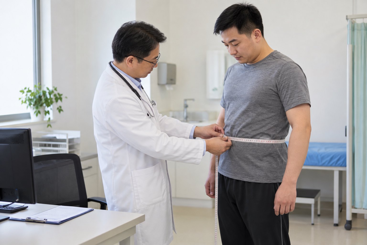 医生在诊室为成年男性规范测量腰围并进行基础健康评估