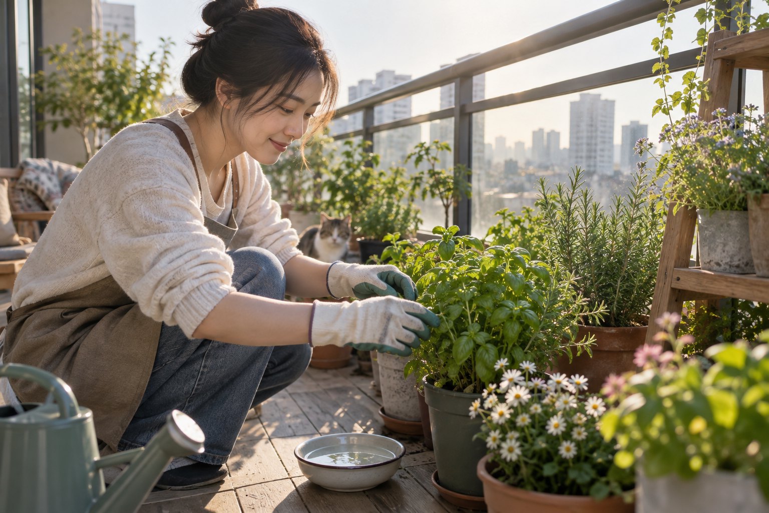 一名年轻女性在城市住宅阳台照料香草与花卉盆栽