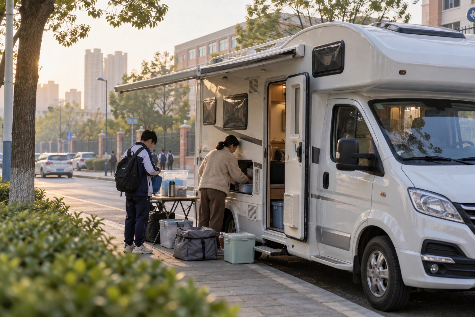 清晨城市道路旁,家长和背书包的学生在一辆白色房车旁整理生活用品