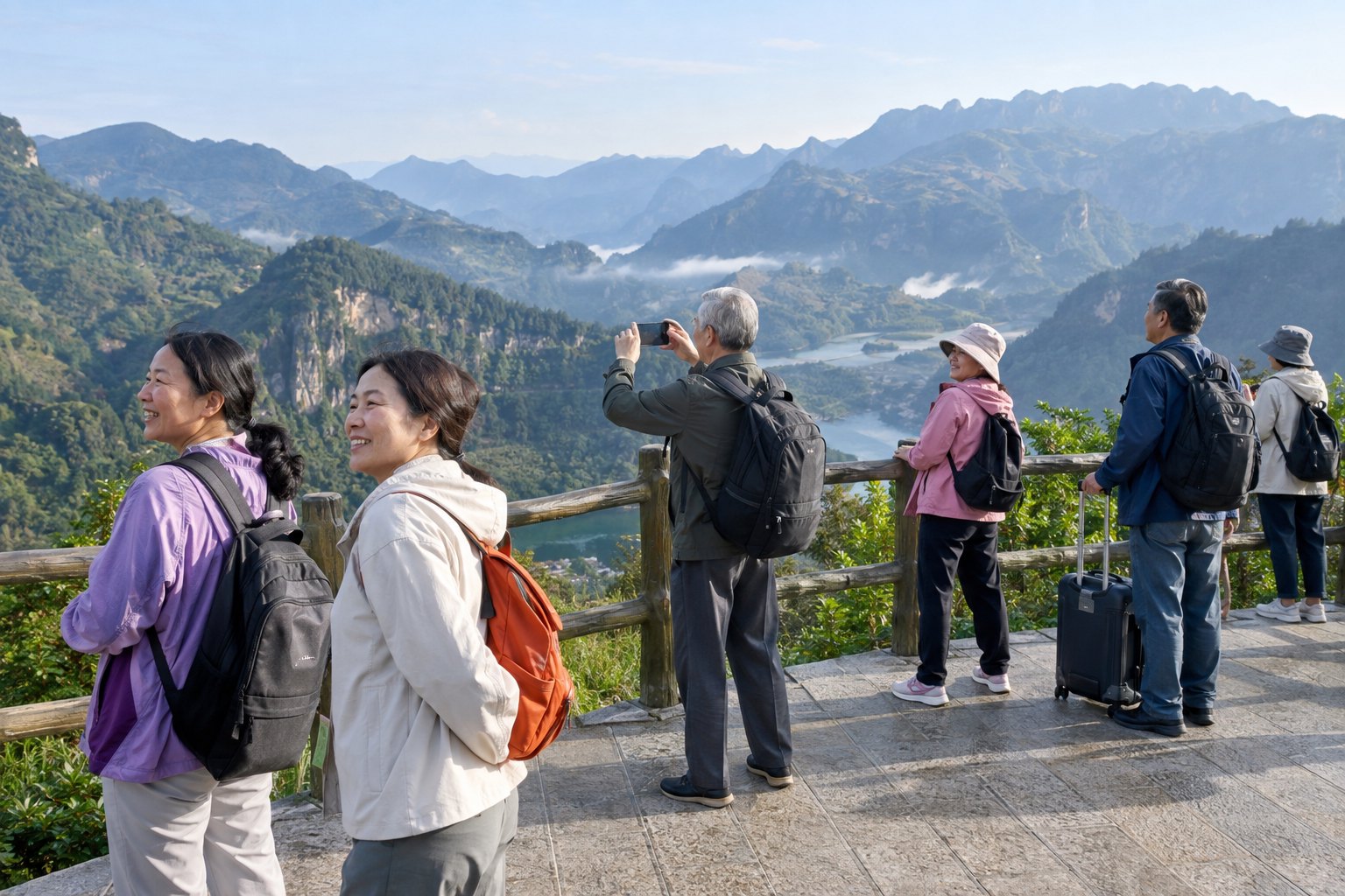 中国农村居民在青山观景台开启休闲旅行