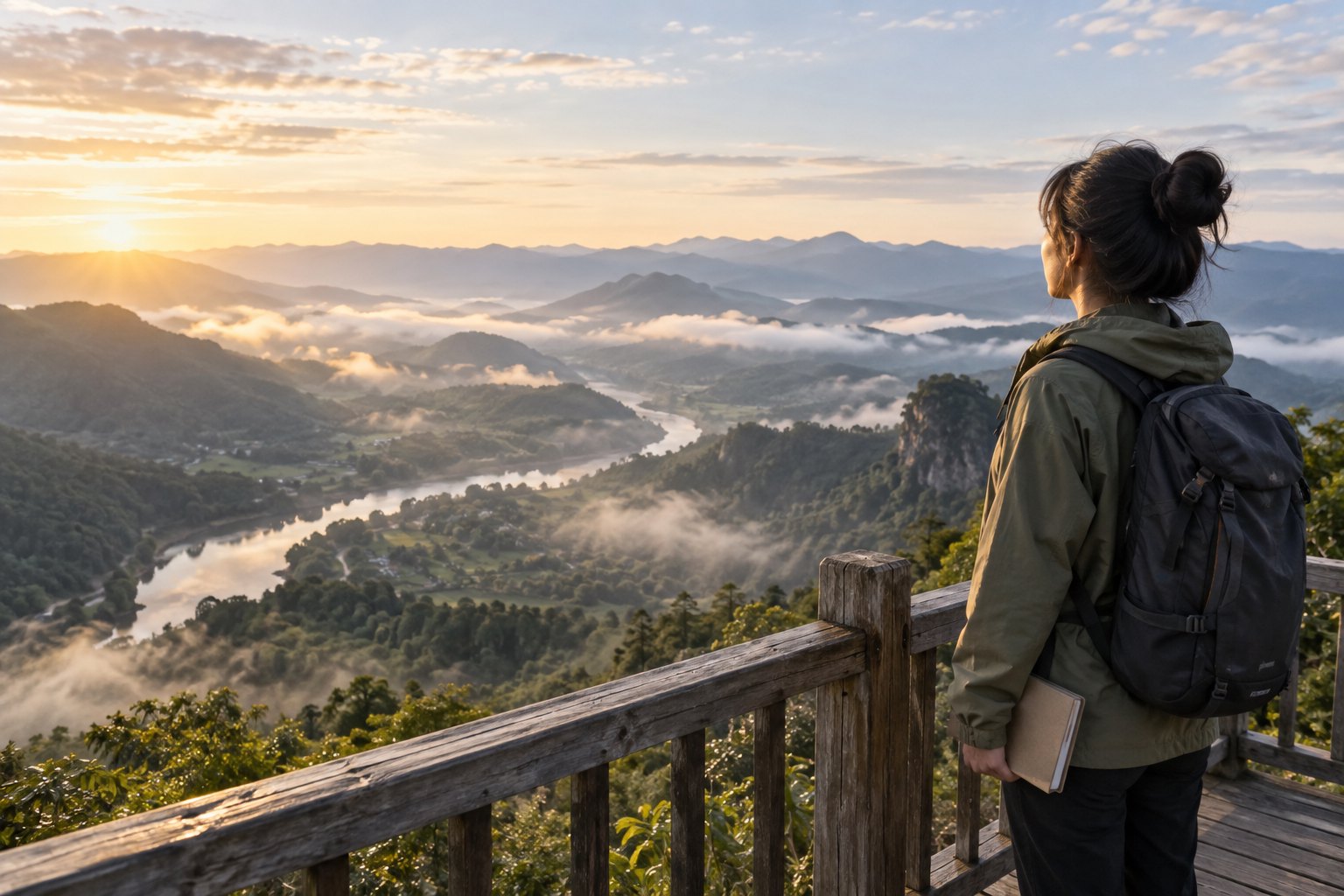 旅行者在清晨山谷观景台眺望河流与群山
