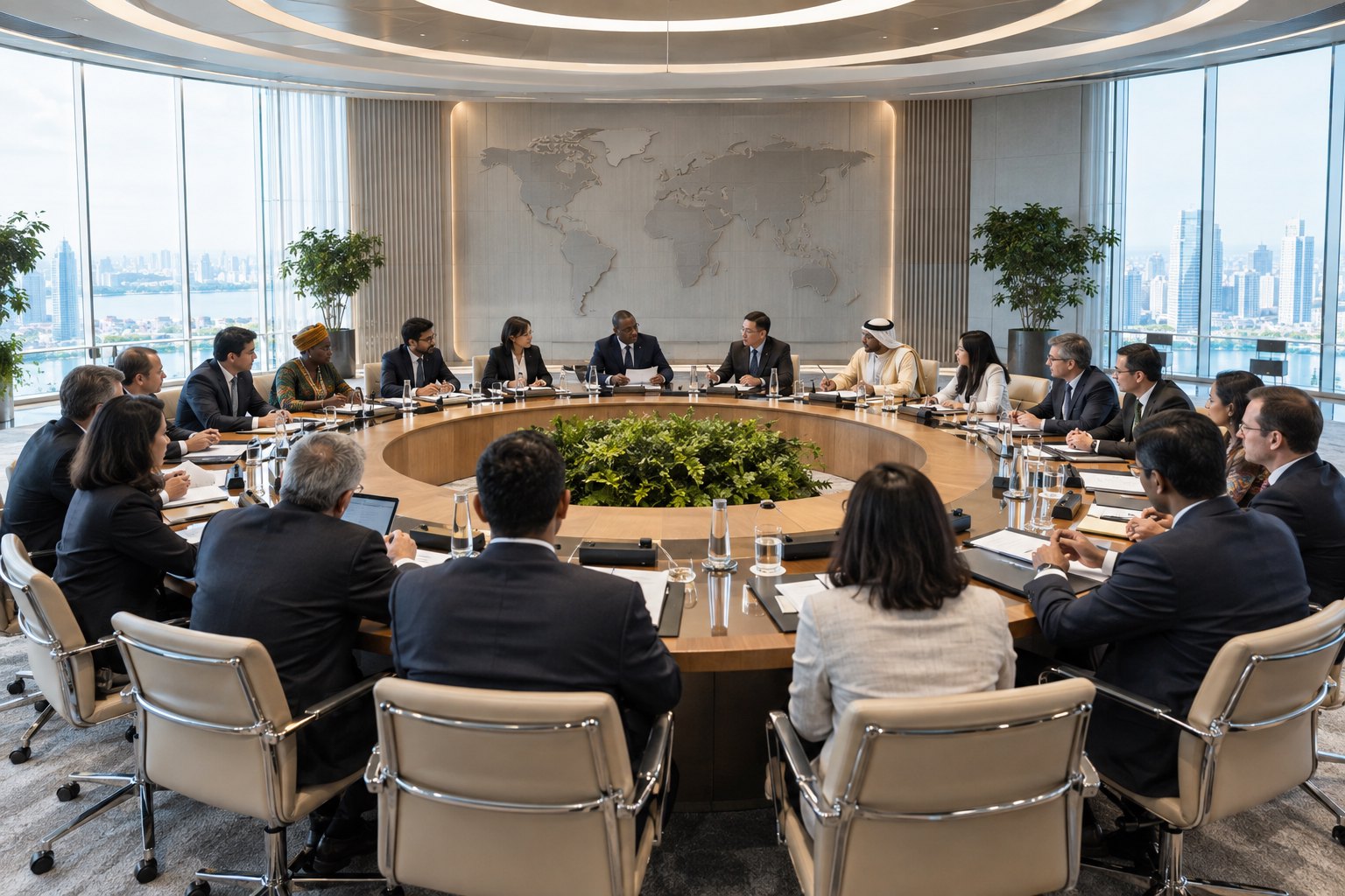 多国代表在现代会议厅围绕圆桌平等交流的新闻摄影画面