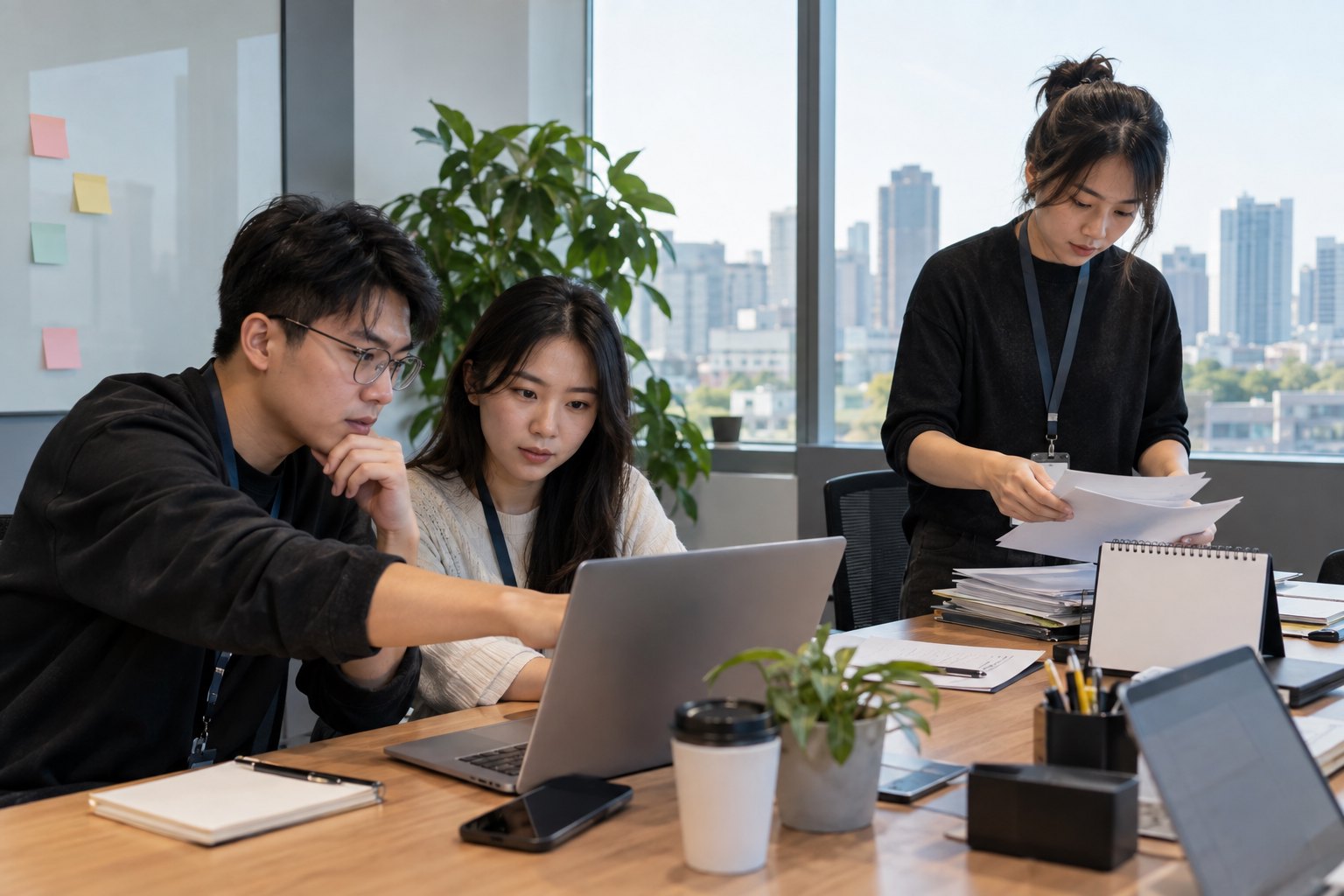 员工在会议区共同核对长假前的工作交接事项