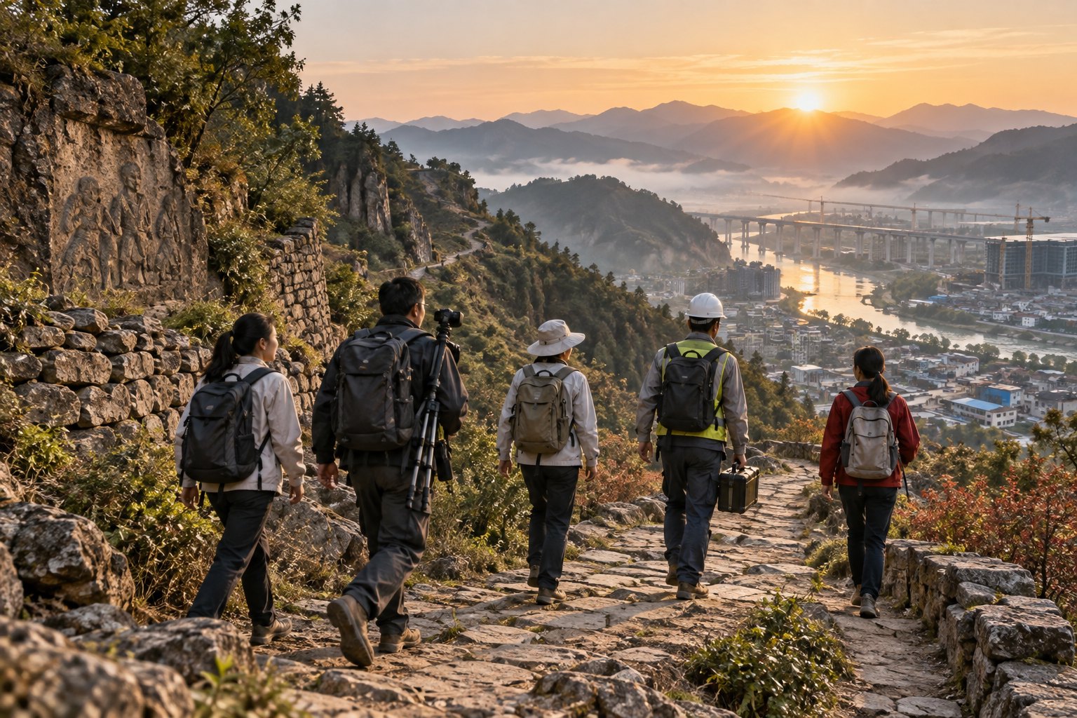 晨光中的山路通向现代城市与乡村建设场景,象征接续奋斗的新征程