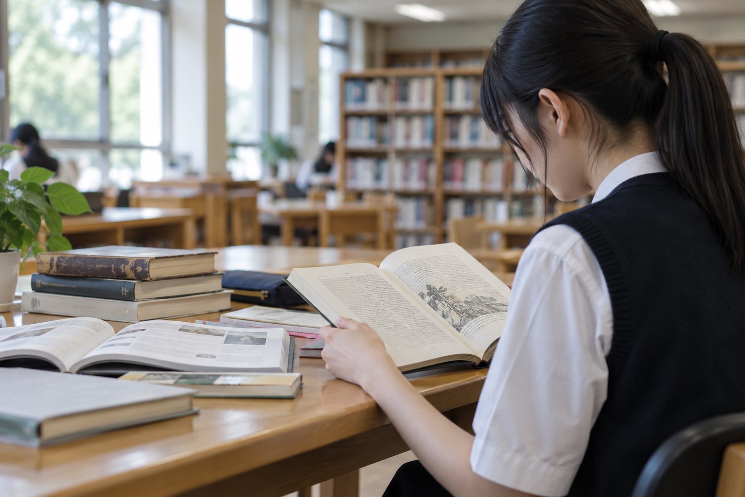 一名中学生在明亮的图书馆内阅读古典文学书籍