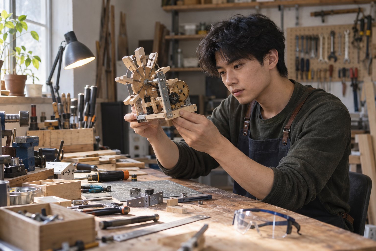 创作者在家庭工作室内观察由木材、齿轮和金属构件组装的手工机械装置