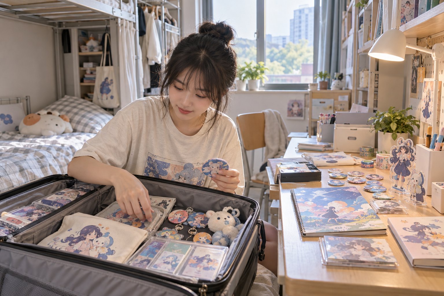 大学生在明亮宿舍整理原创动漫风格徽章、挂件和新学期文具