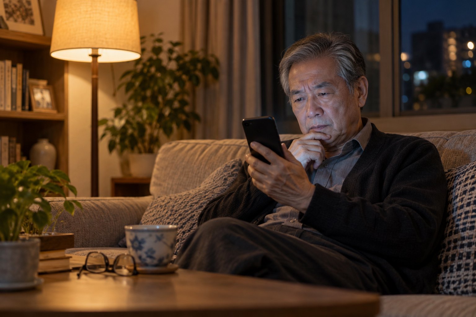 一位老年男子夜晚坐在客厅沙发上皱眉观看手机