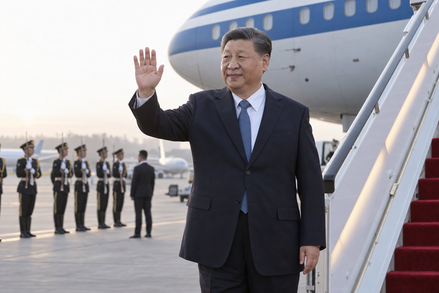 习近平在专机舷梯旁挥手致意的新闻主题配图