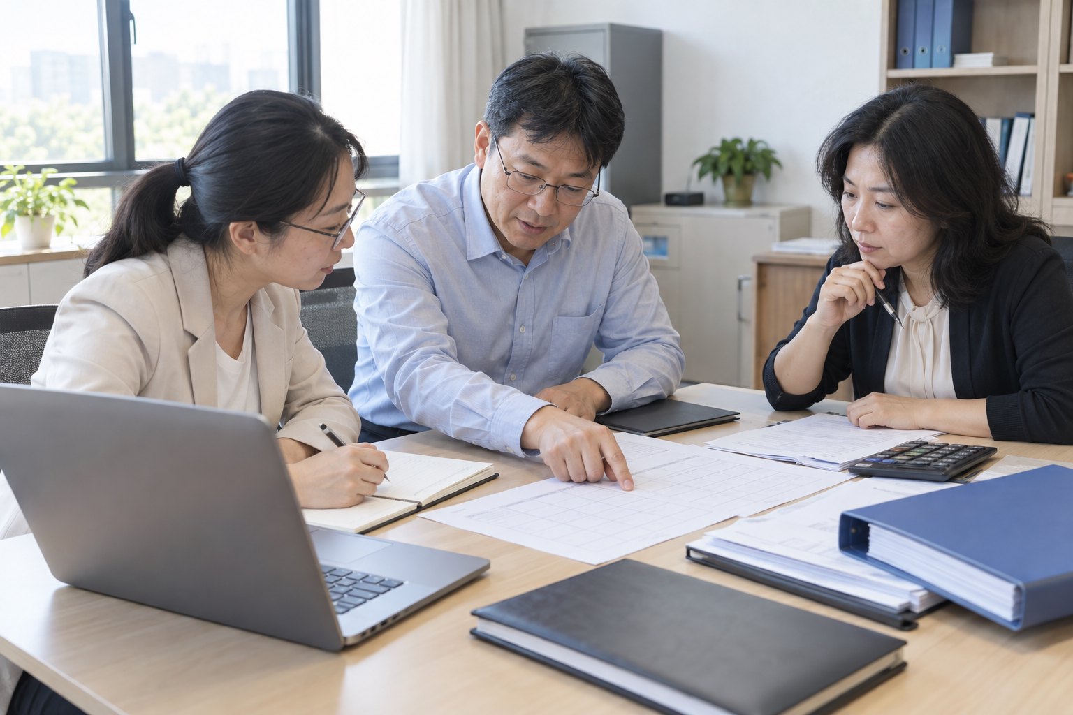 高校工作人员与教师围桌核对奖励申报材料