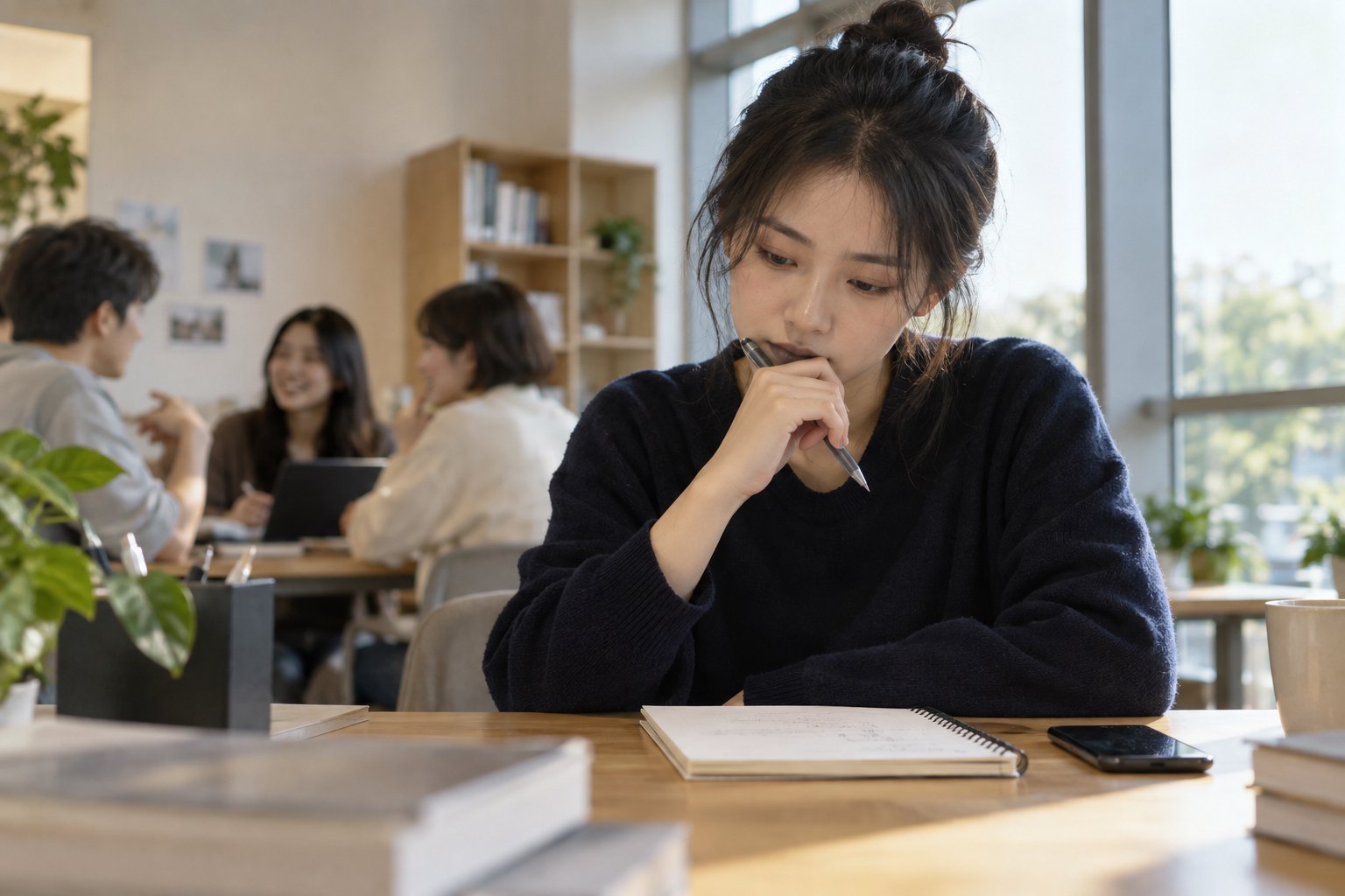 共享学习空间里,一名年轻人放下手机并对着笔记本认真整理措辞