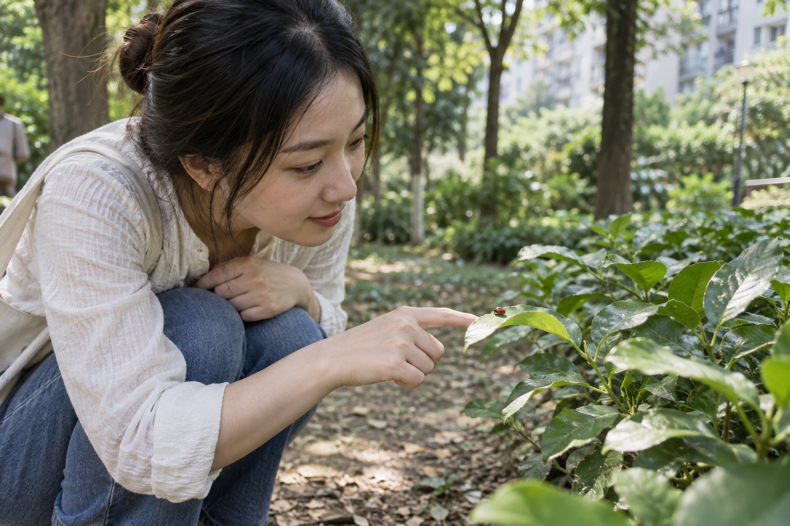 一名年轻女性在社区公园俯身观察叶片上的瓢虫