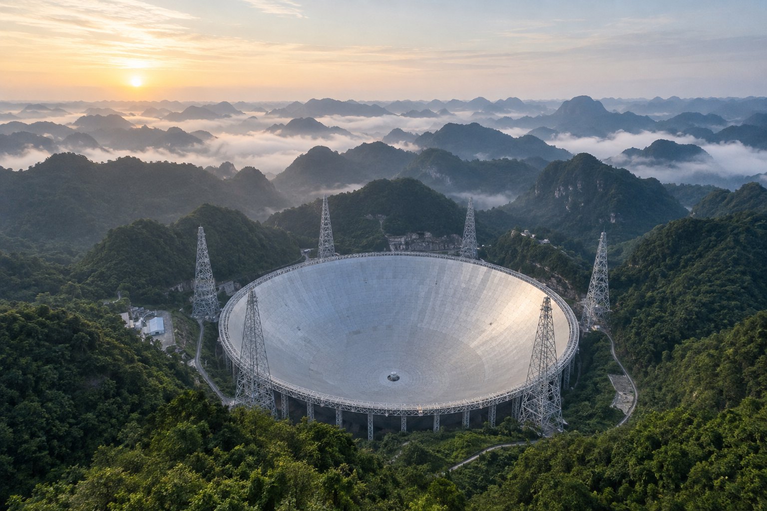 晨光与云雾中的中国天眼FAST及周围喀斯特群山全景