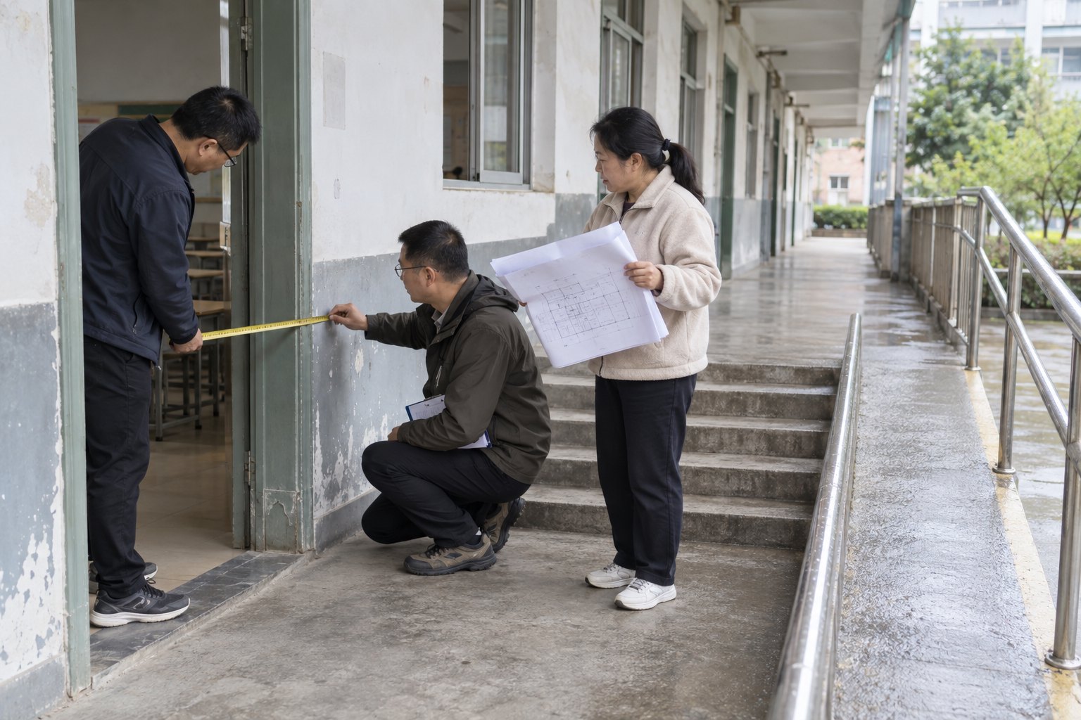 工作人员在旧校舍走廊测量门宽并评估台阶和无障碍坡道条件