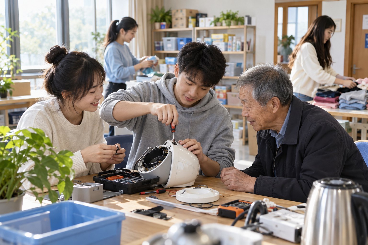 社区服务中心内青年志愿者与居民共同维修物品并整理服务物资