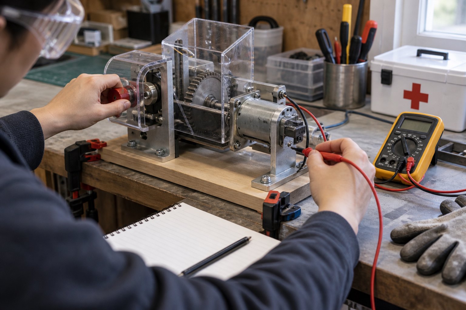 装有透明防护罩的手工机械被固定在工作台上,制作者使用万用表进行安全测试