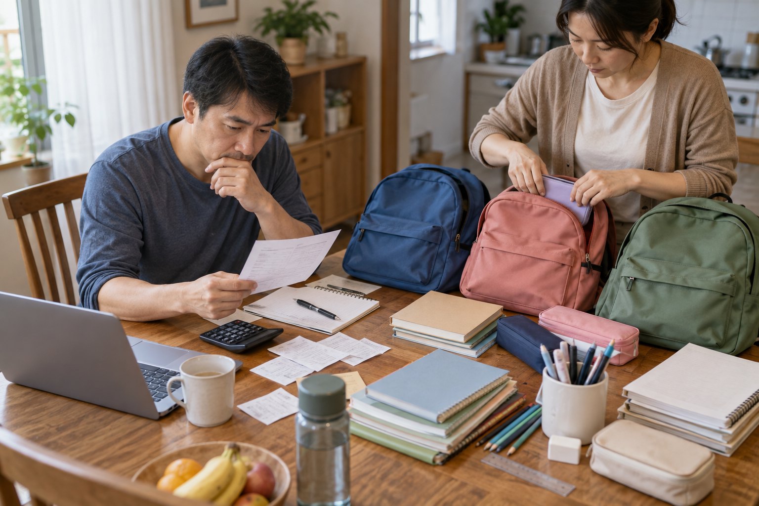 家长在餐桌旁整理三个书包和开学用品并核算家庭支出