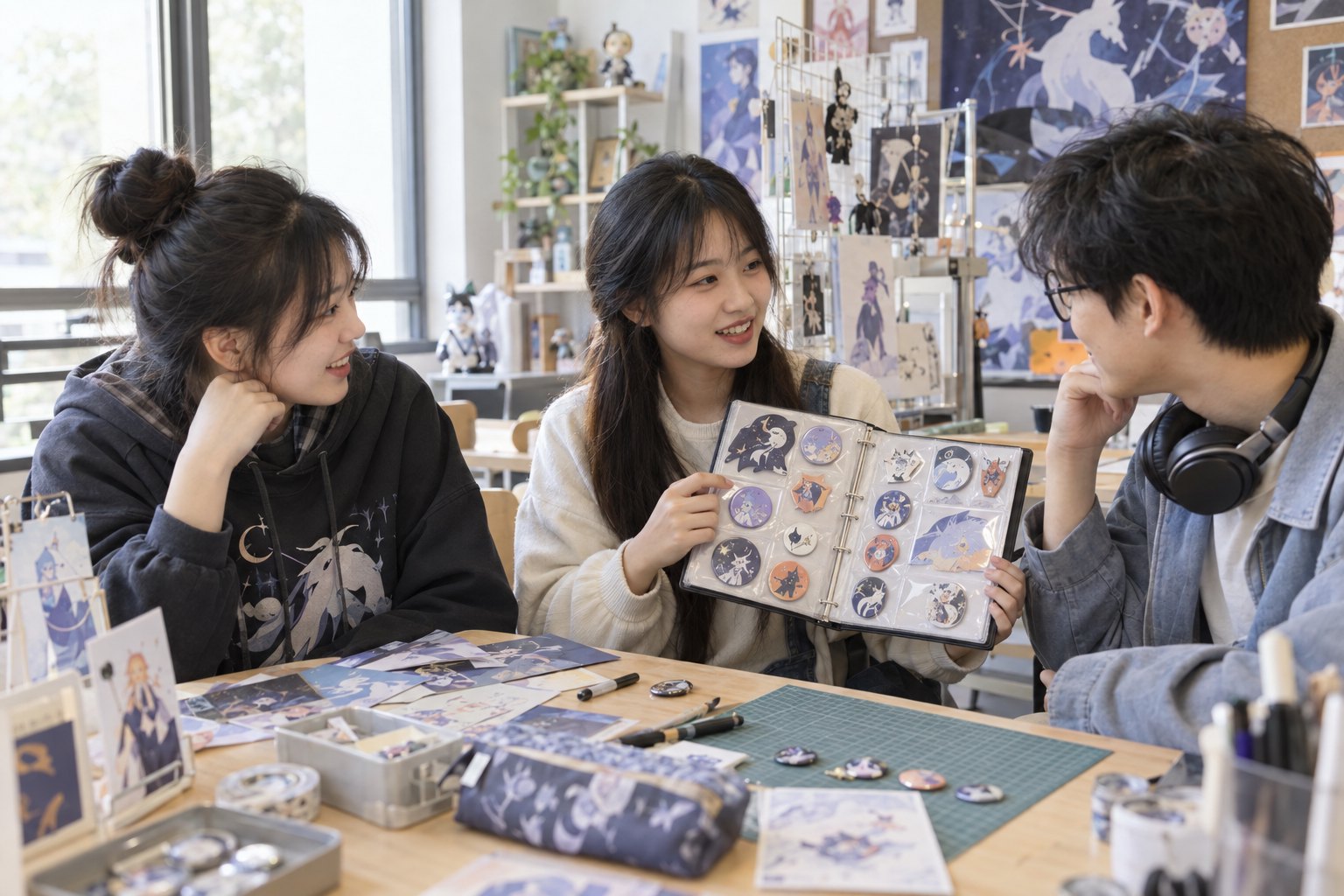 三名大学生在校园社团活动室交流原创角色徽章与手工作品