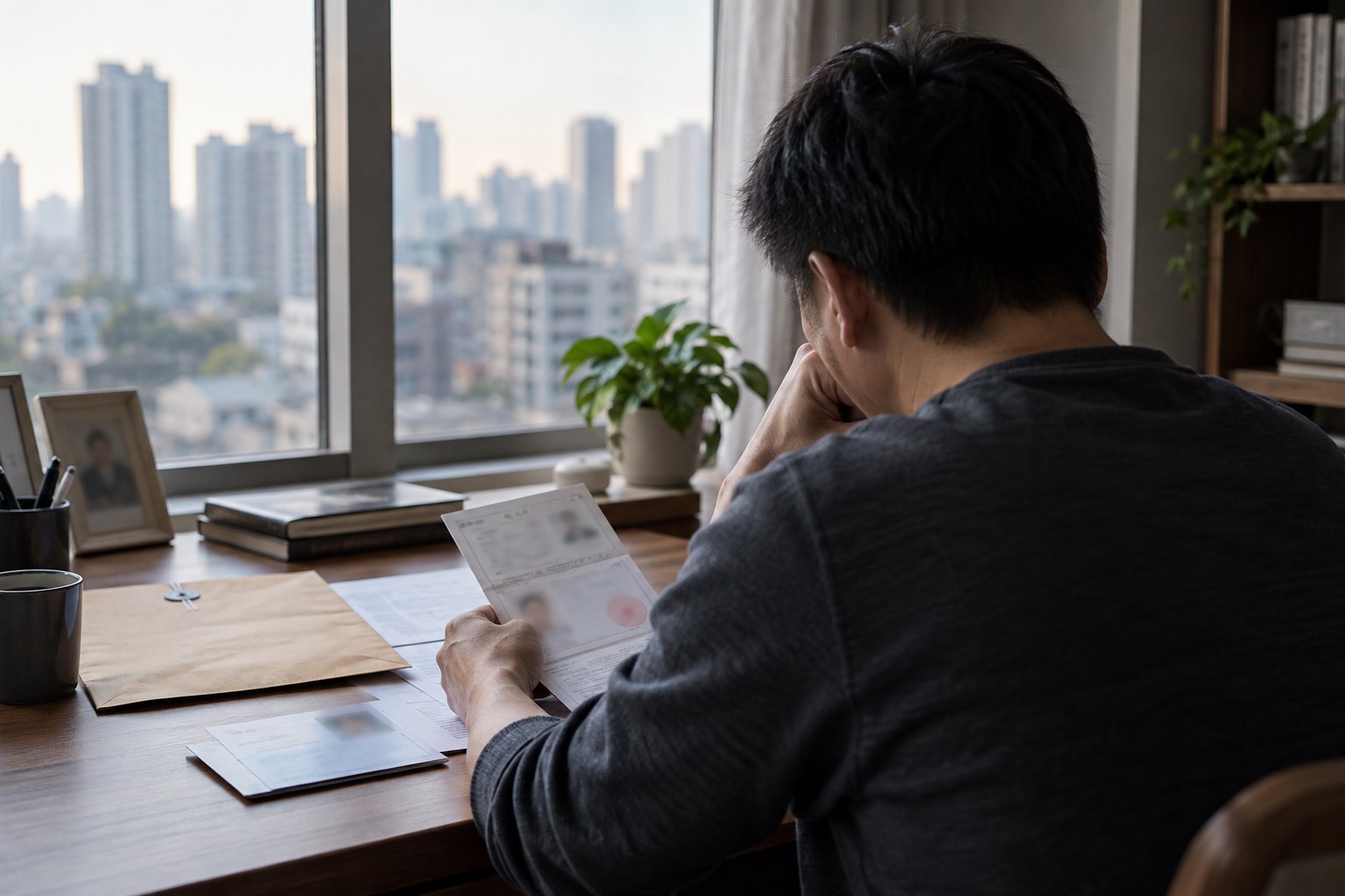 一名男子在家中查看经过模糊处理的身份材料,神情困惑而克制