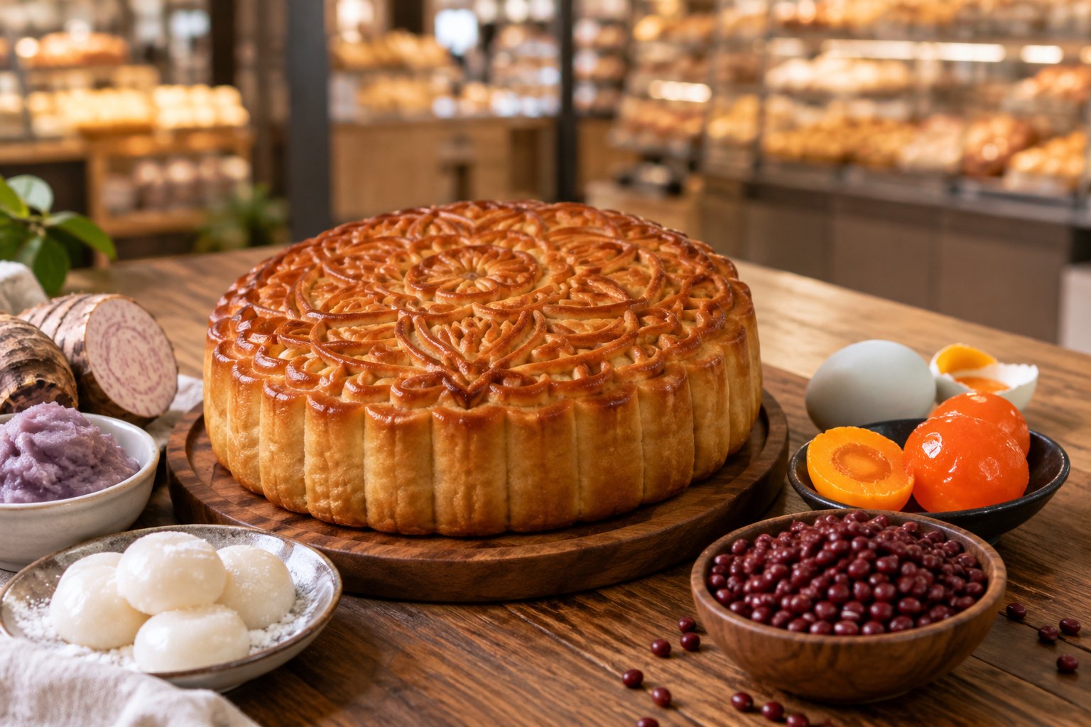 超市烘焙区内摆放着大型圆形酥皮月饼及芋泥、麻薯、红豆和蛋黄食材