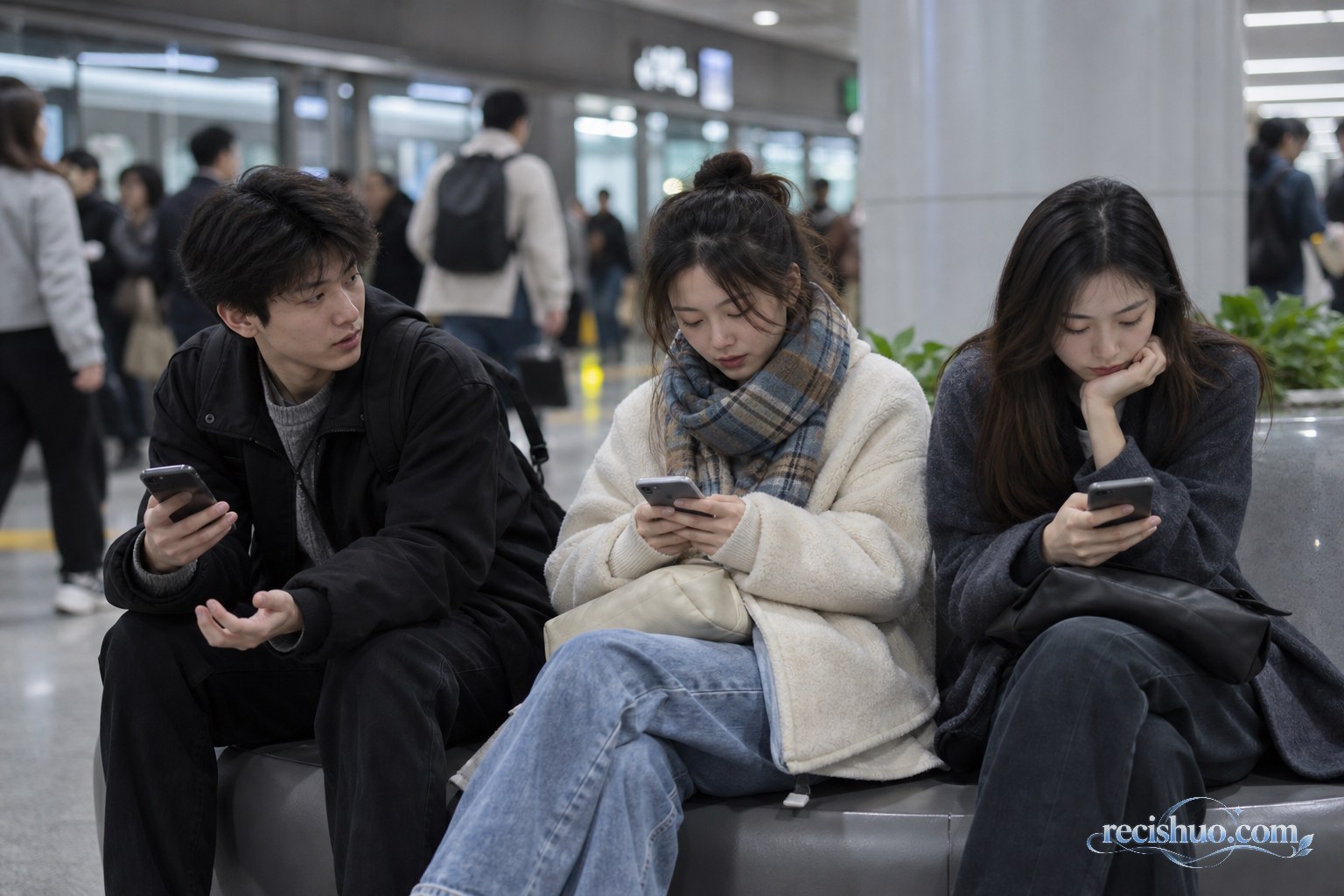 地铁站休息区的年轻人看手机,一人尝试与同伴交流