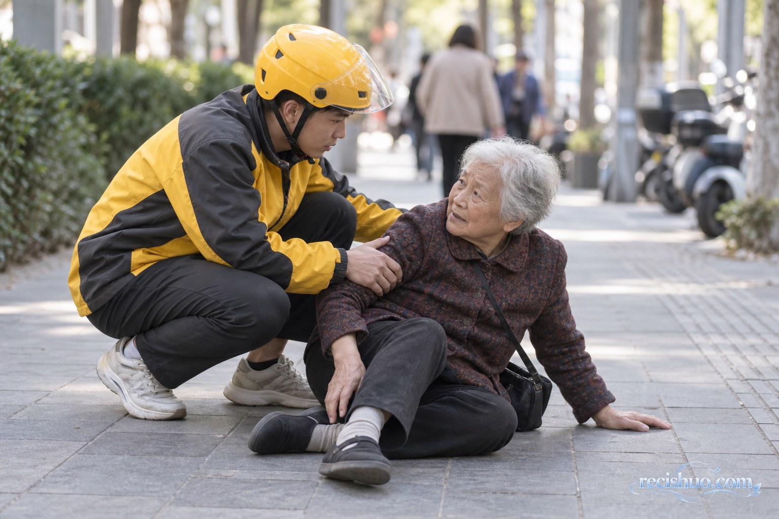 外卖骑手在城市人行道上蹲下查看摔倒老人的情况(情景示意)