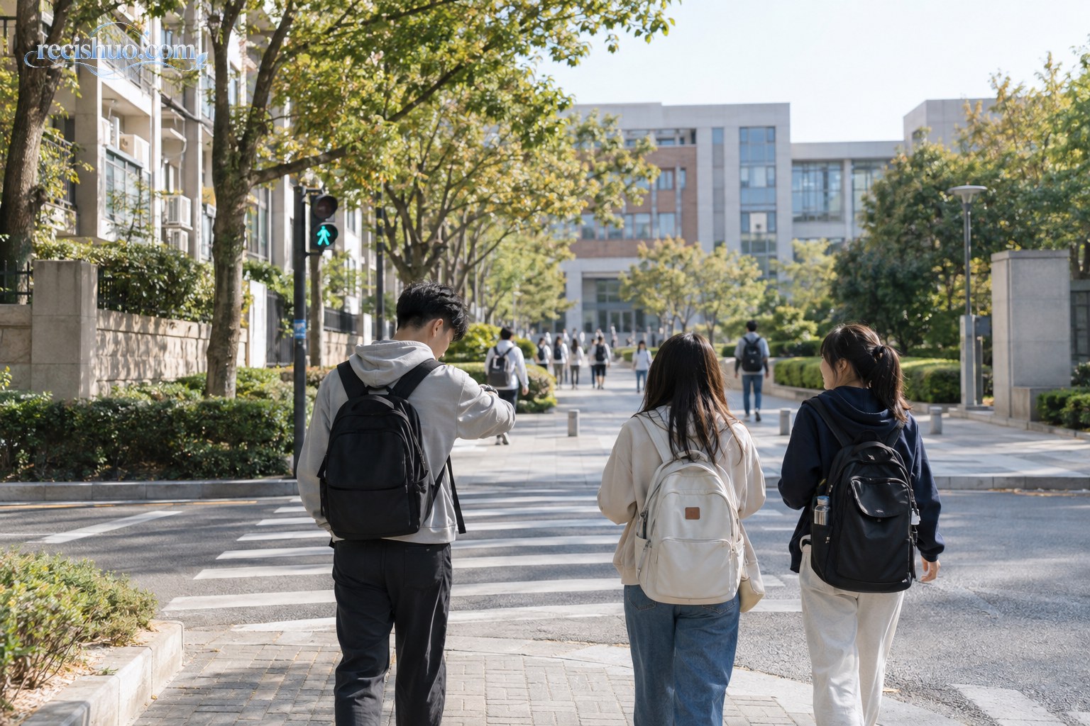 大学生从周边住宅区步行穿过路口前往教学区