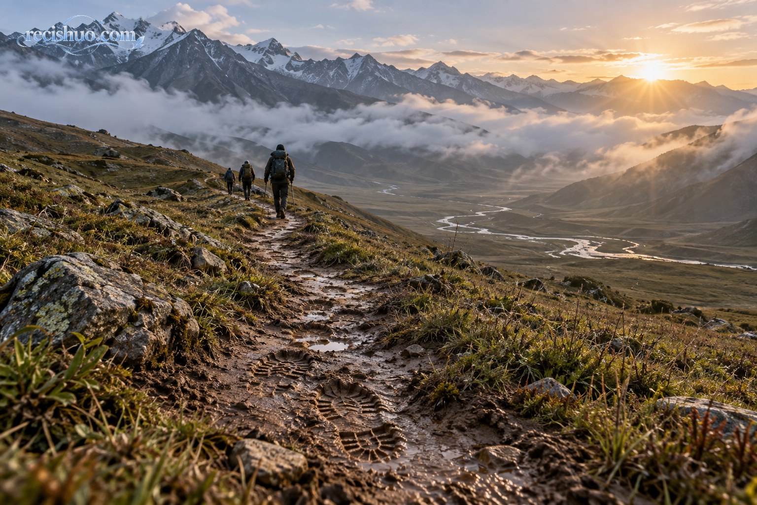 晨光照耀高山草地间的蜿蜒道路,当代徒步者沿泥泞足迹前行