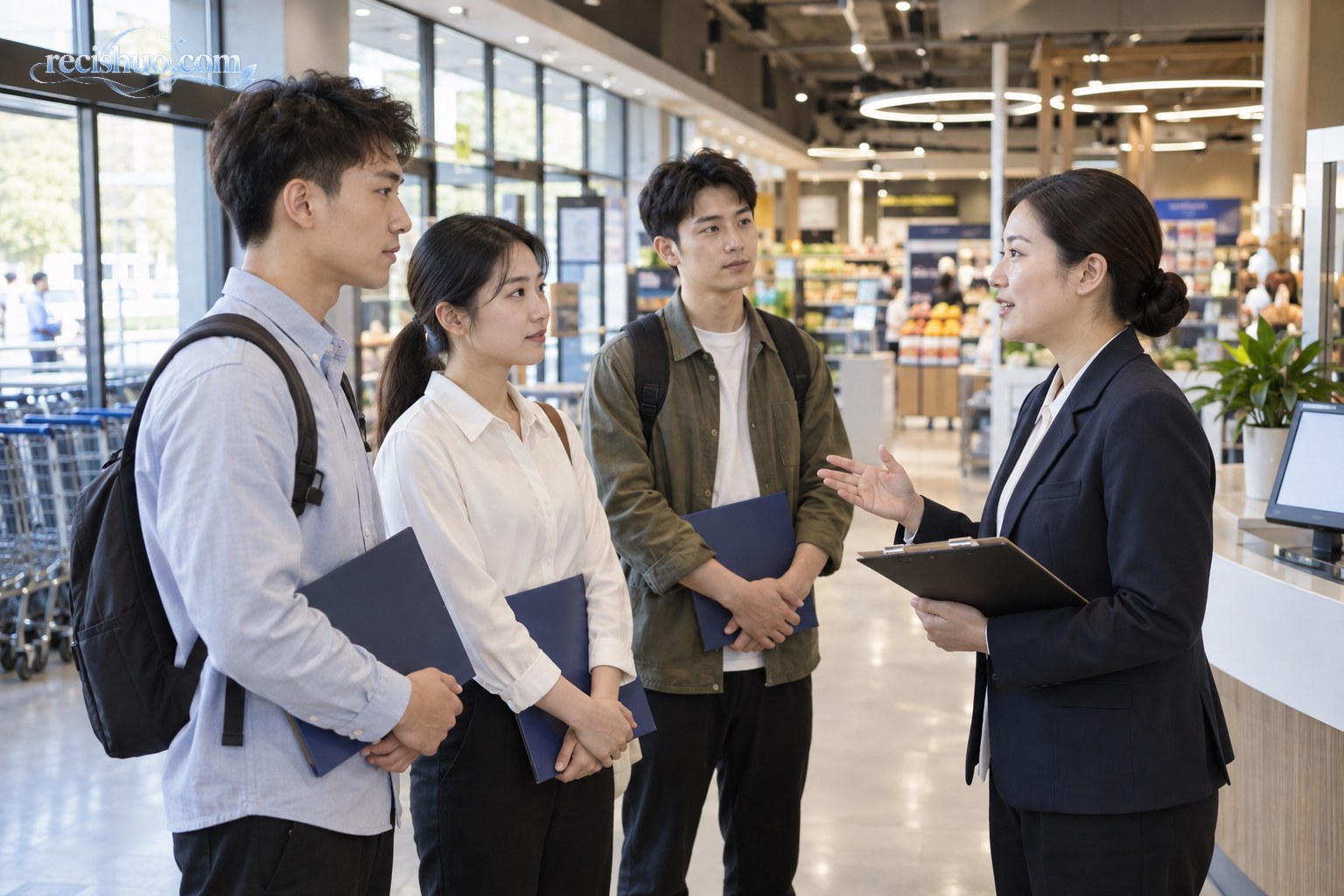 现代零售门店内管理人员向多名求职者介绍入职安排