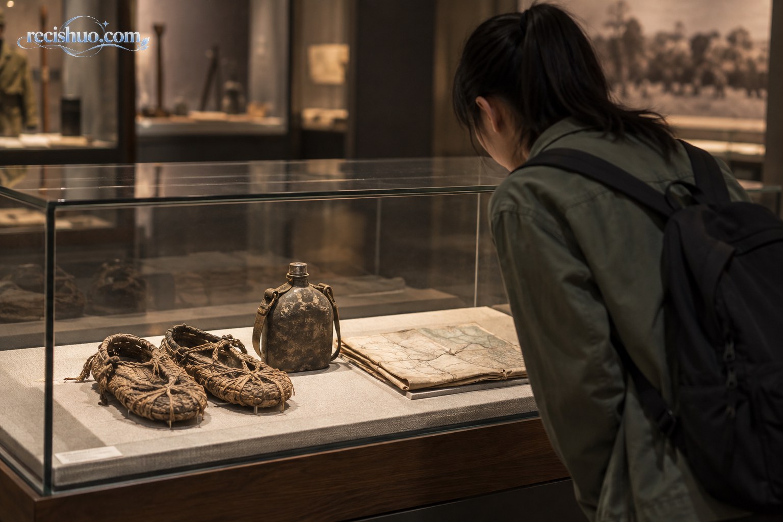 青年学生在历史展厅观察展柜中的草鞋、水壶和地图