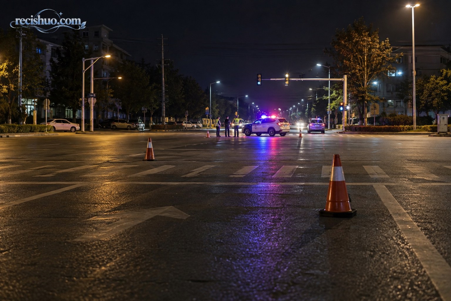 夜间道路交叉口设置反光锥桶并有警车在远处开展现场处置