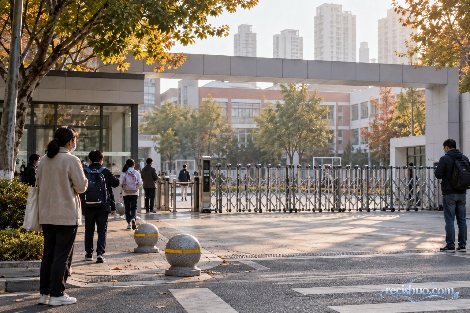 秋日清晨上海一所校园入口处,少量家长和学生有序经过校门