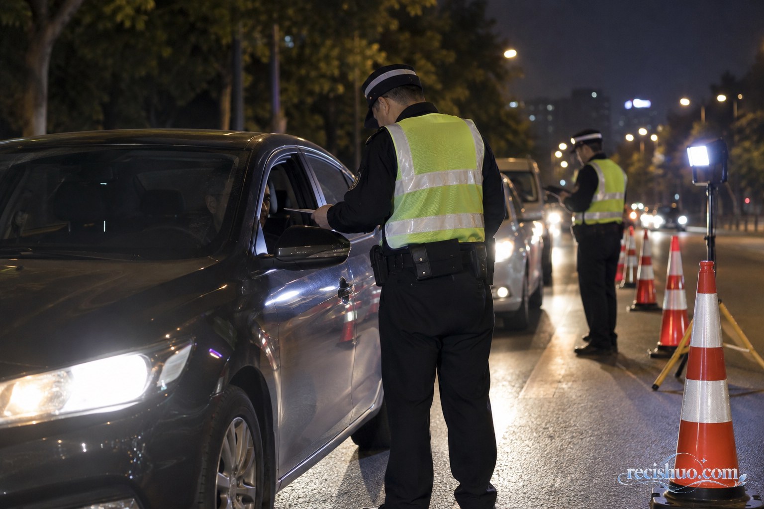 夜间道路检查点工作人员在锥桶隔离区域核查停稳车辆