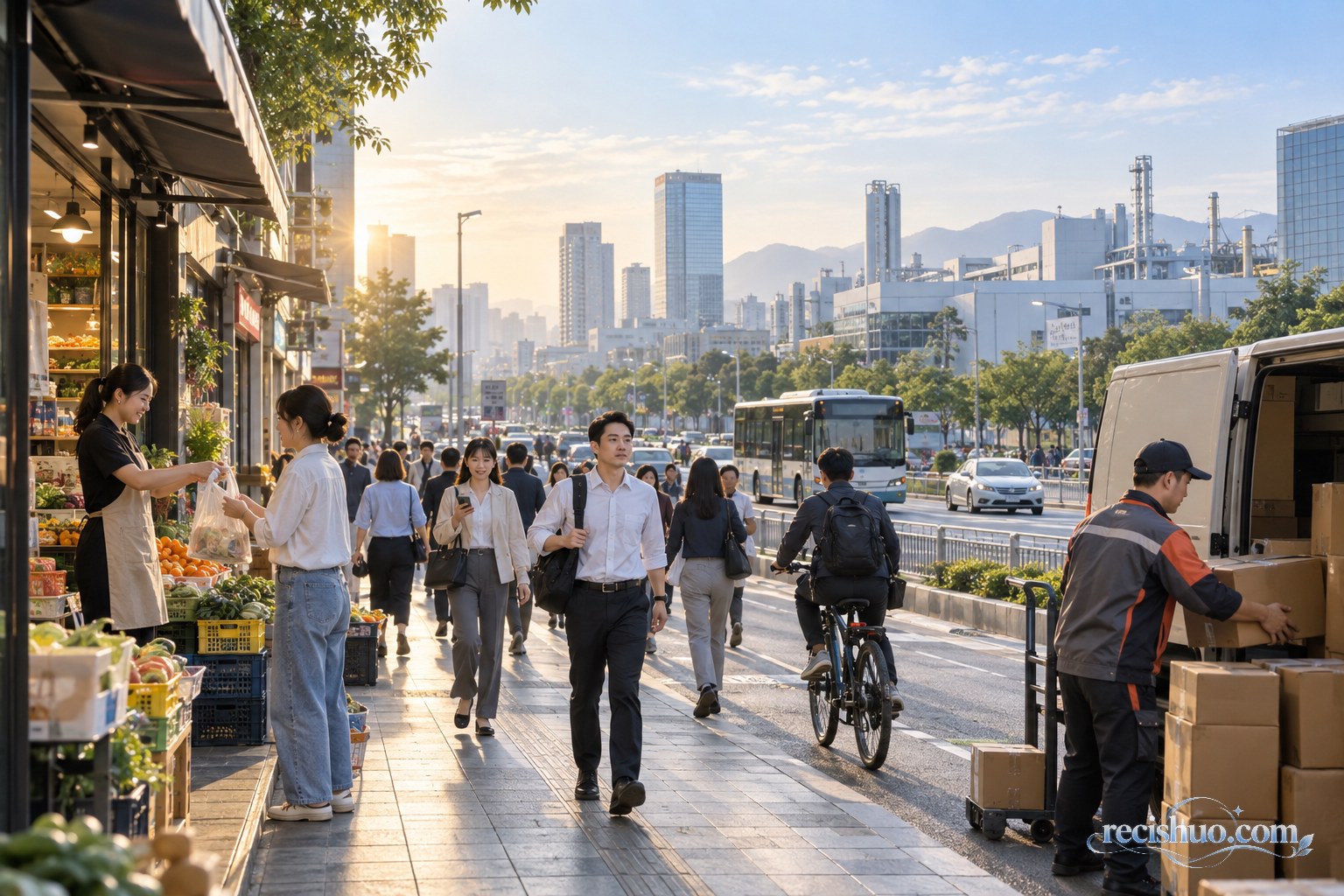晨光中的中国城市街区里,商铺经营、居民通勤与物流配送共同呈现日常经济活力