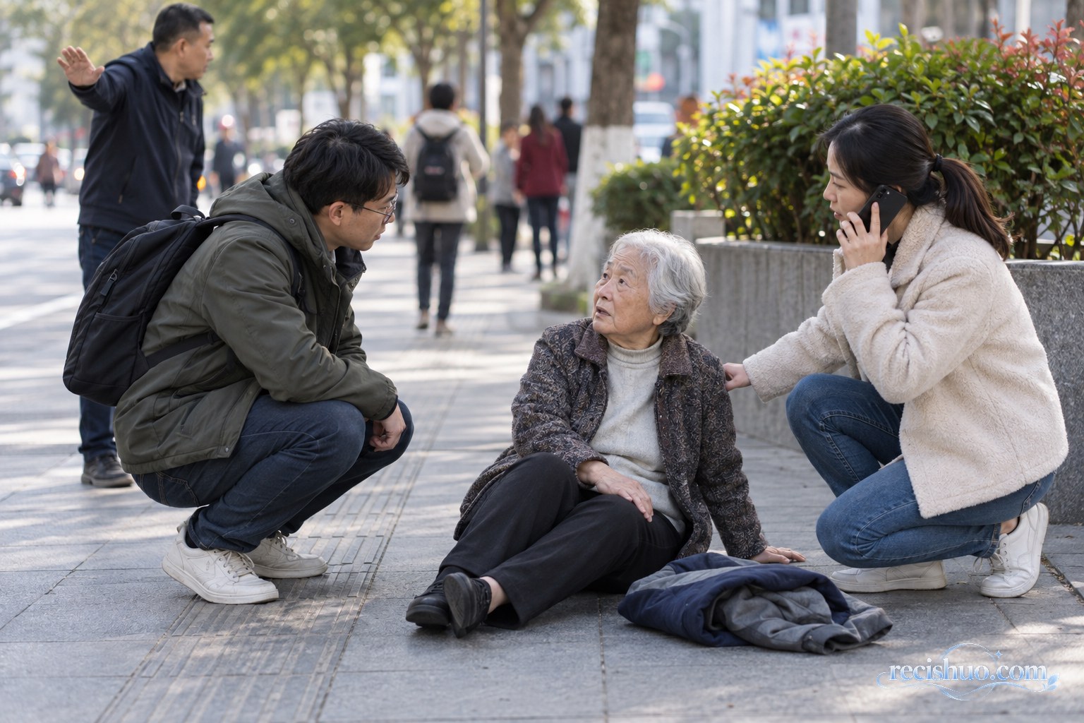 路人陪伴摔倒老人并拨打急救电话、提醒行人绕行(情景示意)