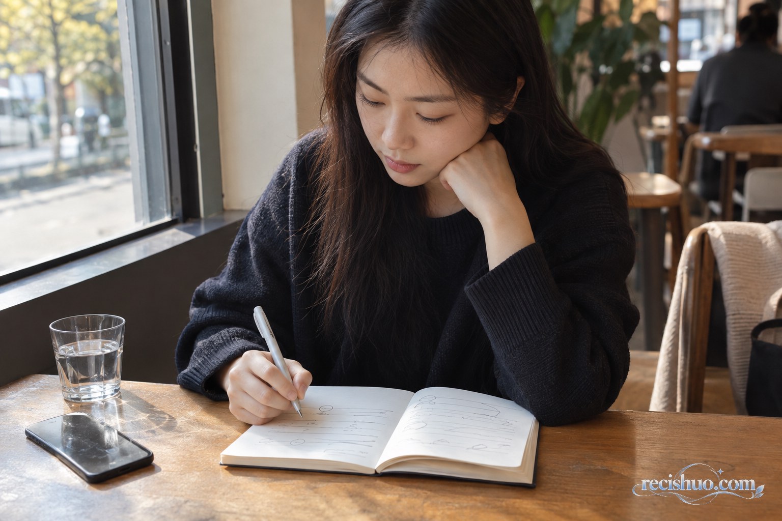 年轻人在咖啡馆用笔记本整理相亲期待与个人边界