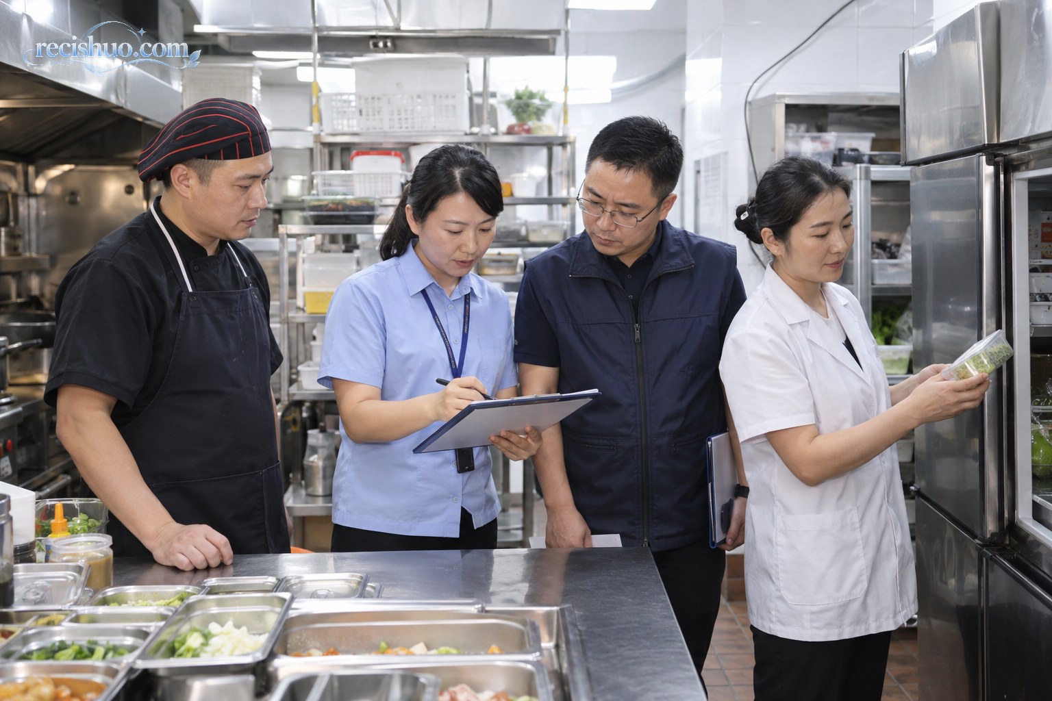多名工作人员与餐饮店负责人在后厨共同开展规范检查