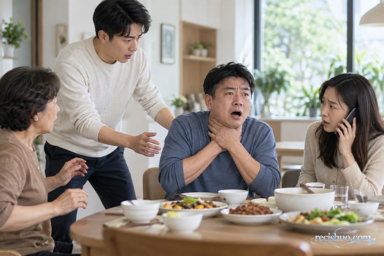 家庭聚餐时一名成年人突发呛噎,家属准备施救并拨打急救电话
