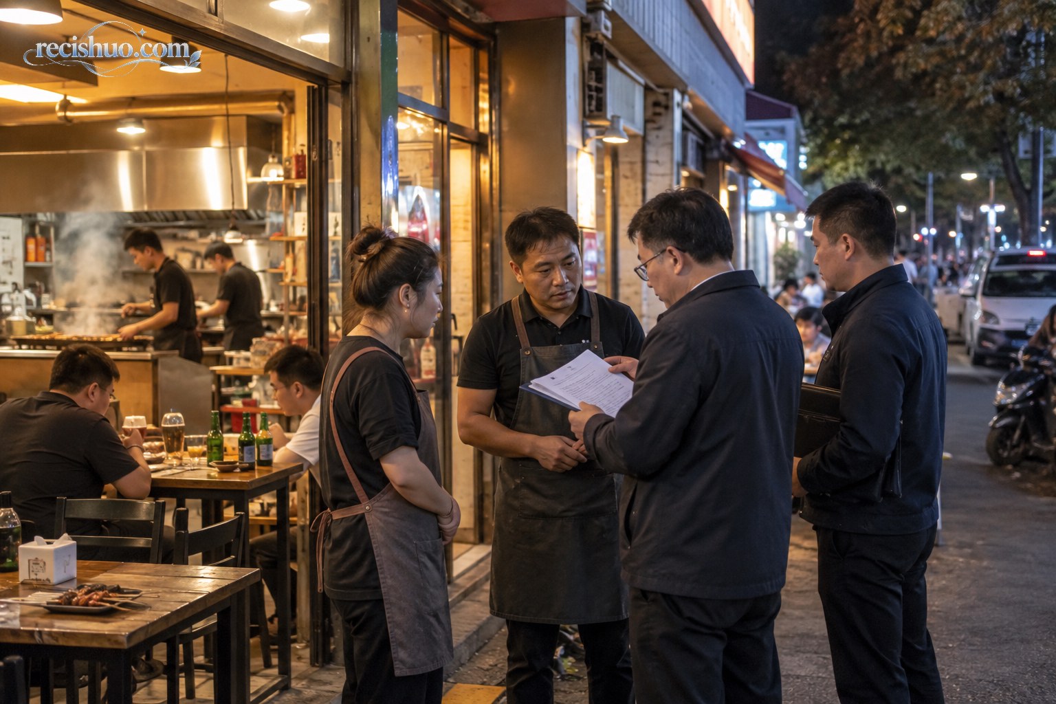 夜晚营业的烧烤店门前,店主与到访工作人员平静查看材料