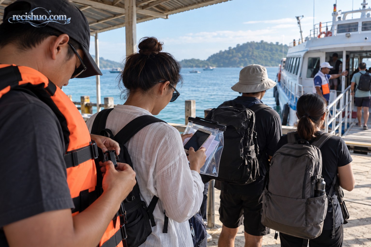 旅客在海岛码头登船前检查救生衣并整理防水文件袋