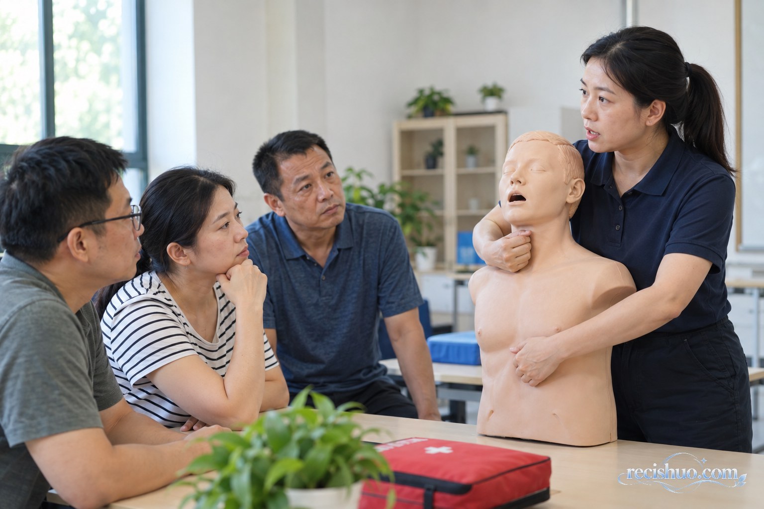 社区急救培训中讲师使用成人训练模型向学员讲解气道异物梗阻急救