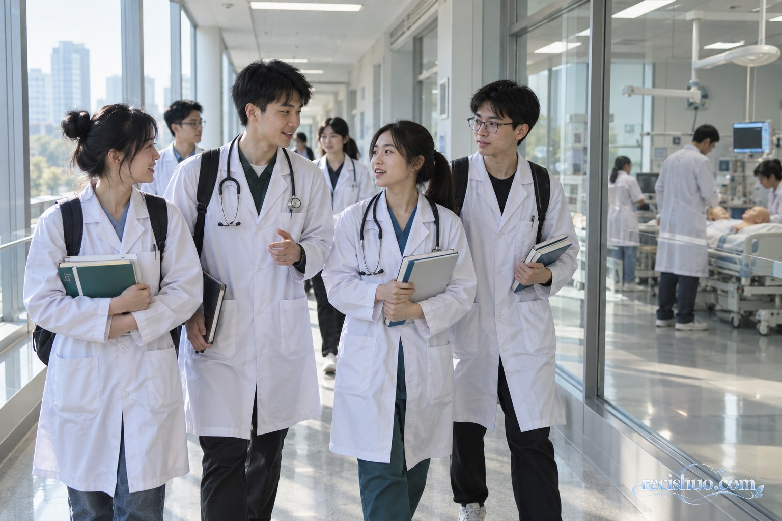 医学生从教学区域走向临床技能训练区域,展现医学教育与临床实践的衔接