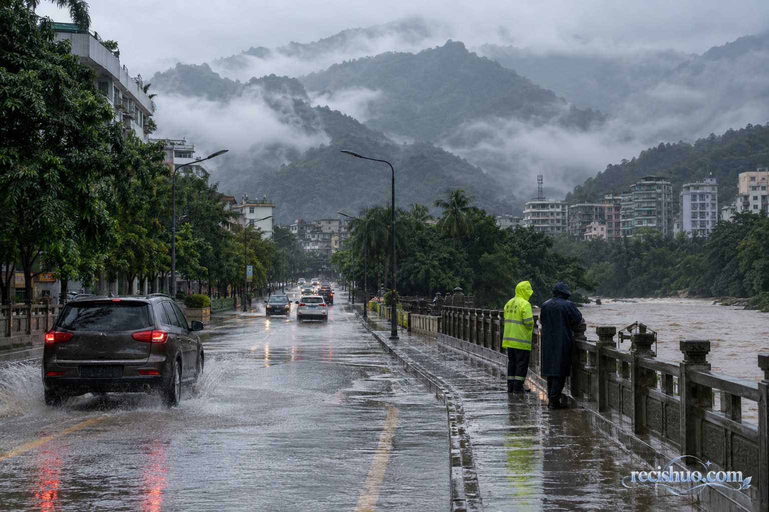 持续强降雨中的五指山山城道路、河流与巡查人员