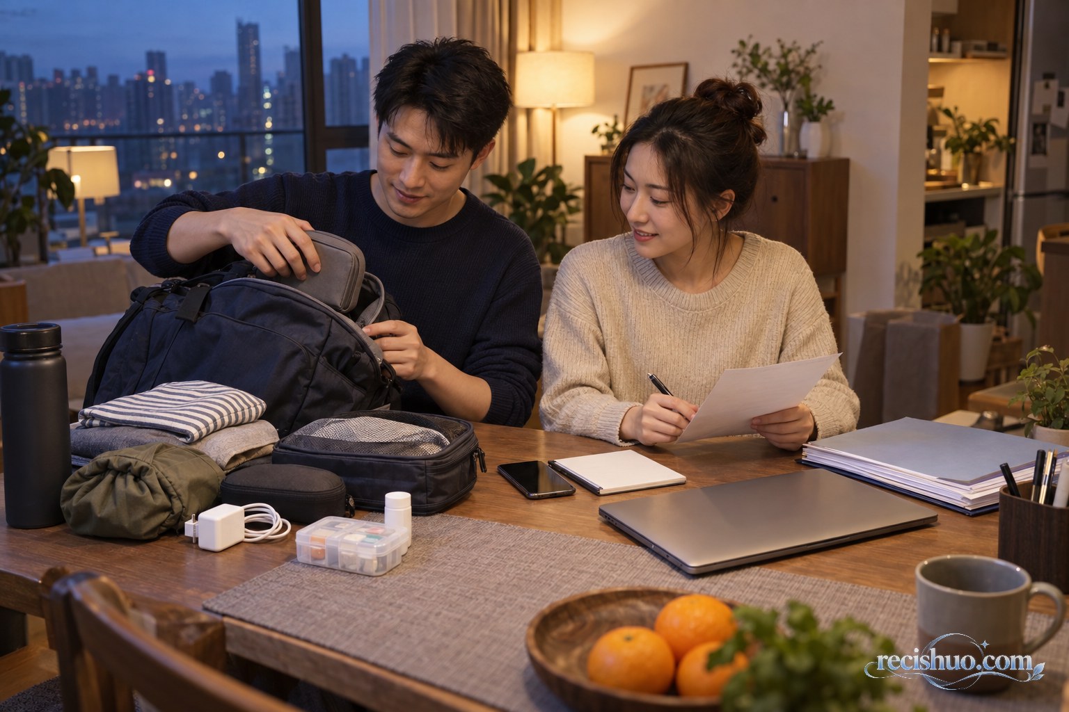 年轻人在家中整理短途出行用品并完成节前工作交接