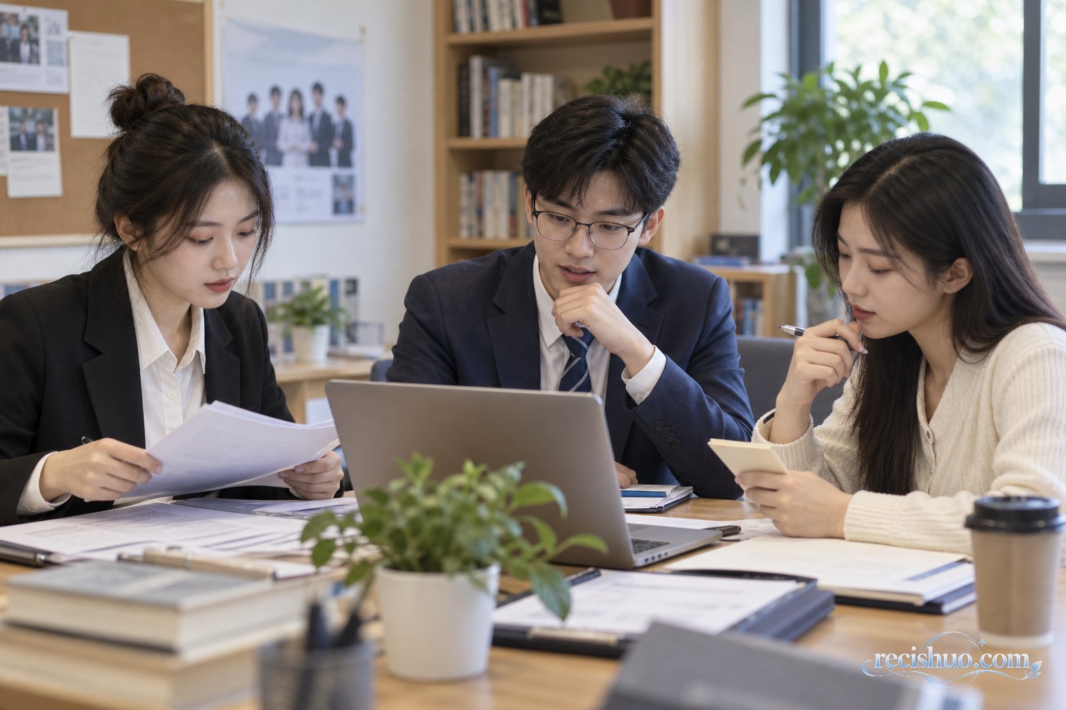 三名应届毕业生在职业辅导室共同准备笔试和面试
