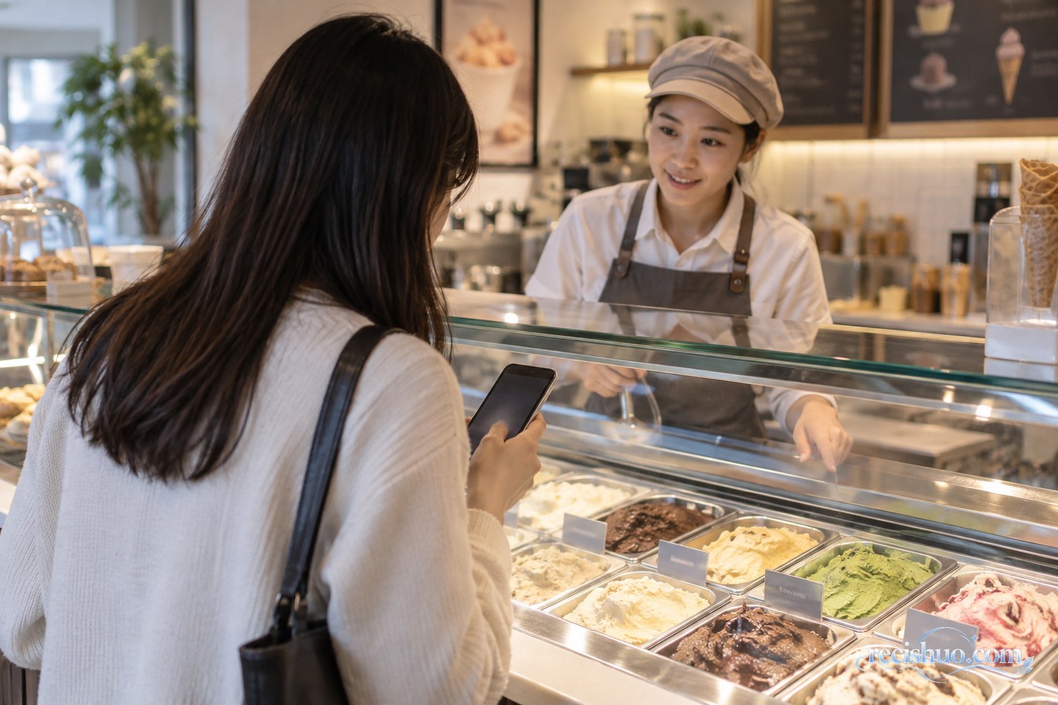 消费者在冰淇淋柜台前向店员了解产品并查看手机信息