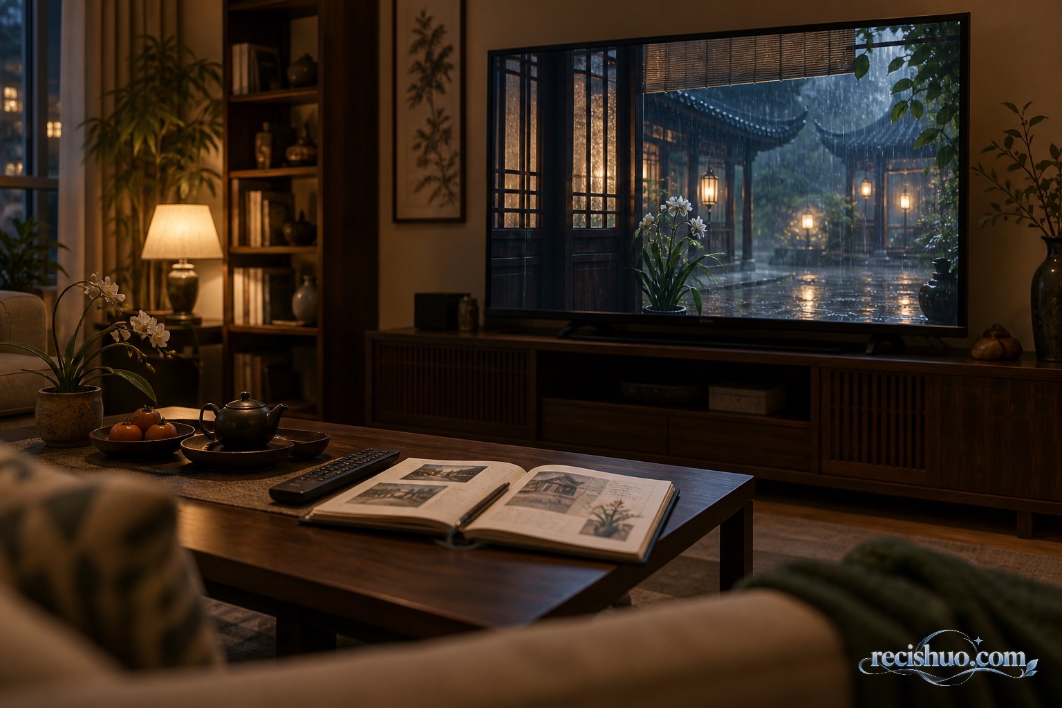 雨夜客厅里播放中式庭院画面的家庭观影场景