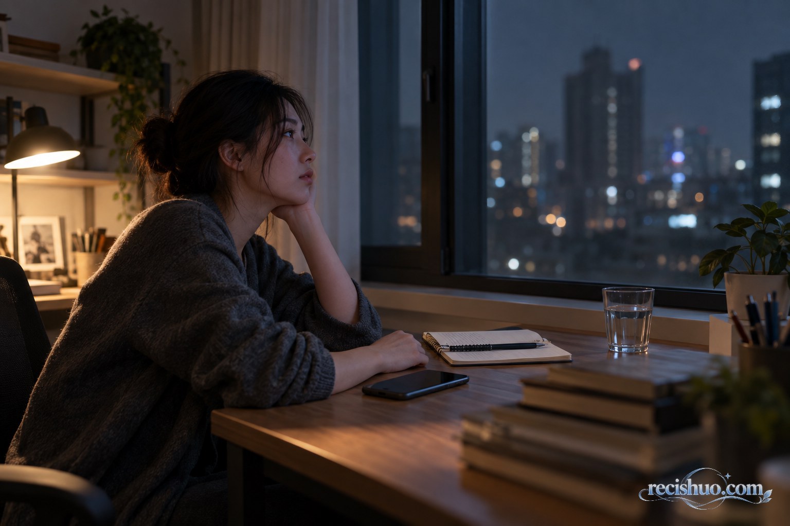 夜晚坐在书桌前的年轻人放下手机,望向窗外反思自己的使用习惯